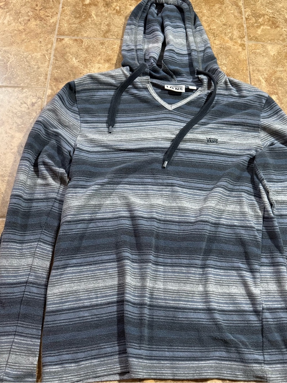 Vans Men's Black and Gray Striped Hooded Long-Sleeve Shirt